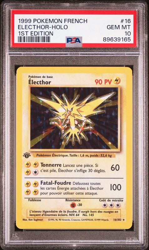 1999 Pokemon FRENCH 1st Edition Base Set Électhor-Zapdos Holo 16/102 PSA 10