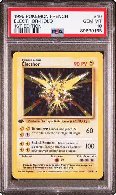1999 Pokemon FRENCH 1st Edition Base Set Électhor-Zapdos Holo 16/102 PSA 10